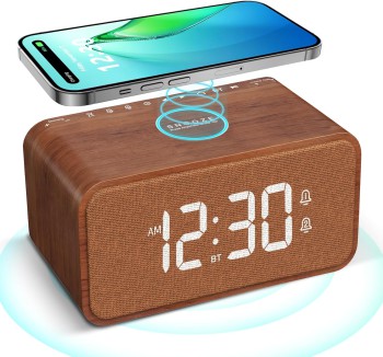 ANJANK Wooden Alarm Clock with Bluetooth Speaker and Wireless Charging Station