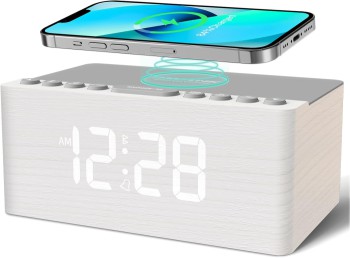 ANJANK Wooden Sound Machine Alarm Clock with Bluetooth Speaker and Wireless Charging Station